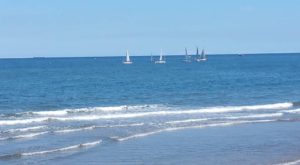 Photo of a beach with sail boats out to sea